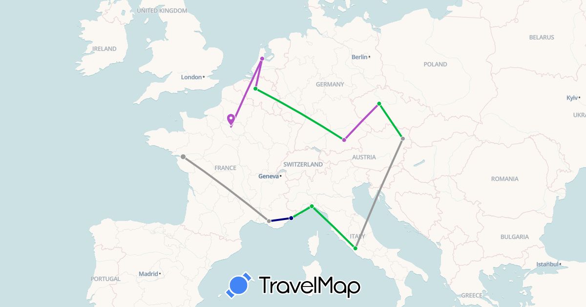 TravelMap itinerary: driving, bus, plane, train in Austria, Belgium, Czech Republic, Germany, France, Italy, Netherlands (Europe)